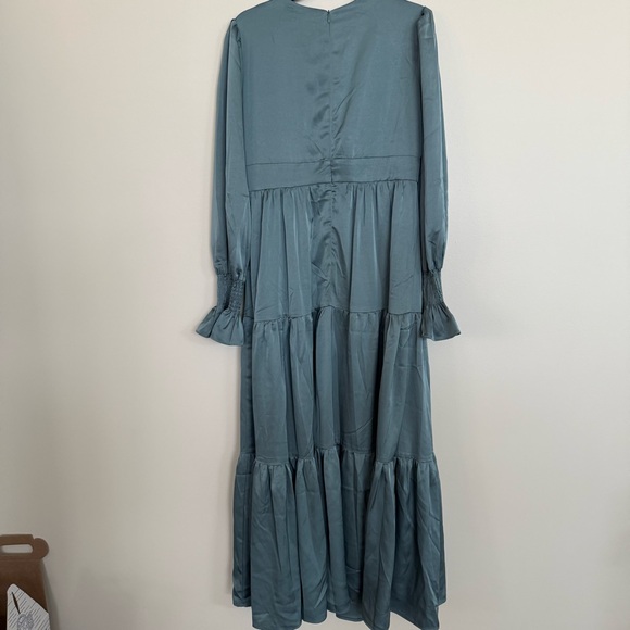 Zahraa The Label Long Sleeve Smocked Tiered Maxi Dress in French Blue Satin - Picture 7 of 8